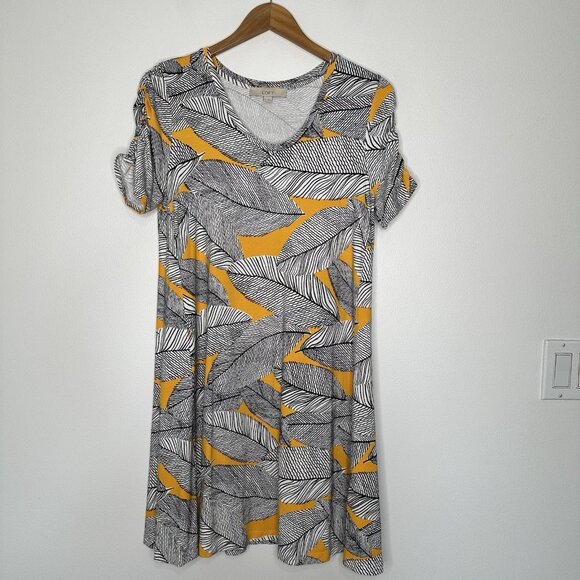 Ann Taylor Loft Shift Dress Sz M Leaf Print Knit Ruched Sleeves Tropical - Picture 1 of 8